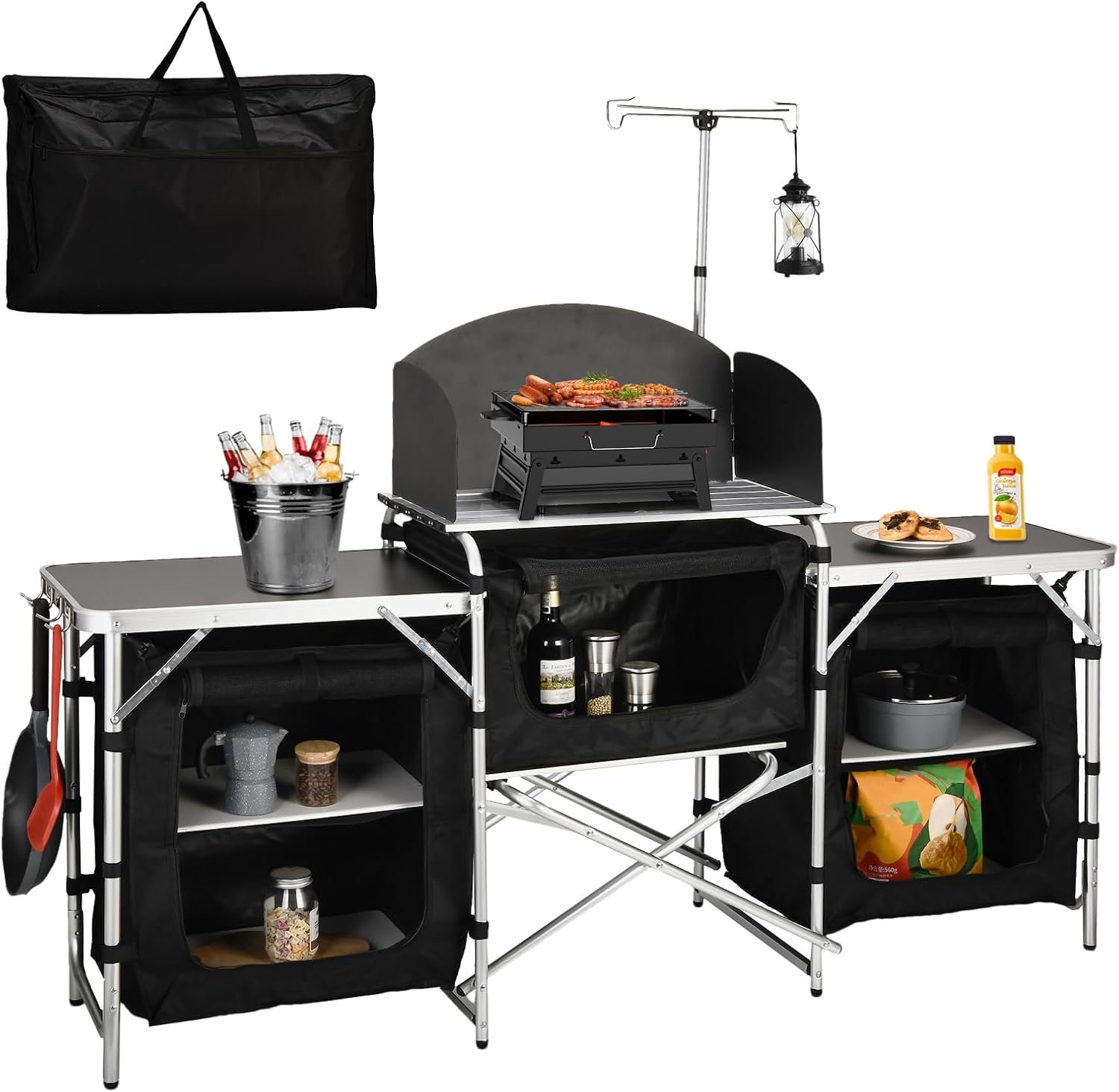 Camping KitchenTable, Aluminum Folding Camping Cook Station with Windshield