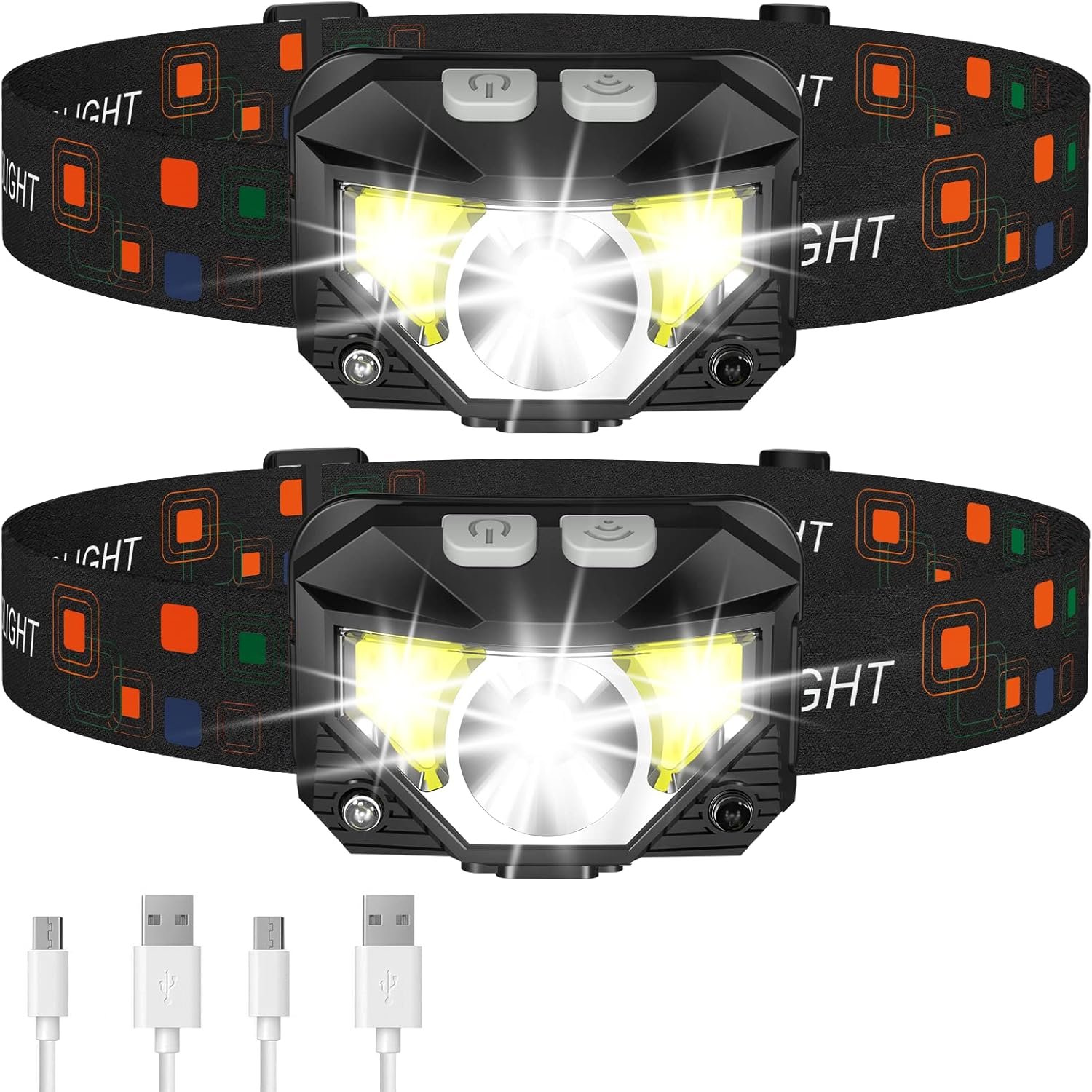 LHKNL Headlamp Flashlight, Lumen Ultra-Light Bright LED Rechargeable Headlight with White Red Light, 2-Pack