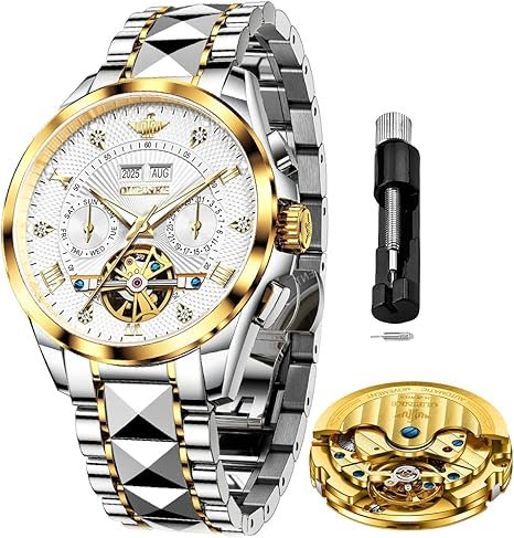 OLEVS Mens Watches Chronograph Luxury Dress Moon Phase Two Tone Stainless Steel Waterproof Luminous Business