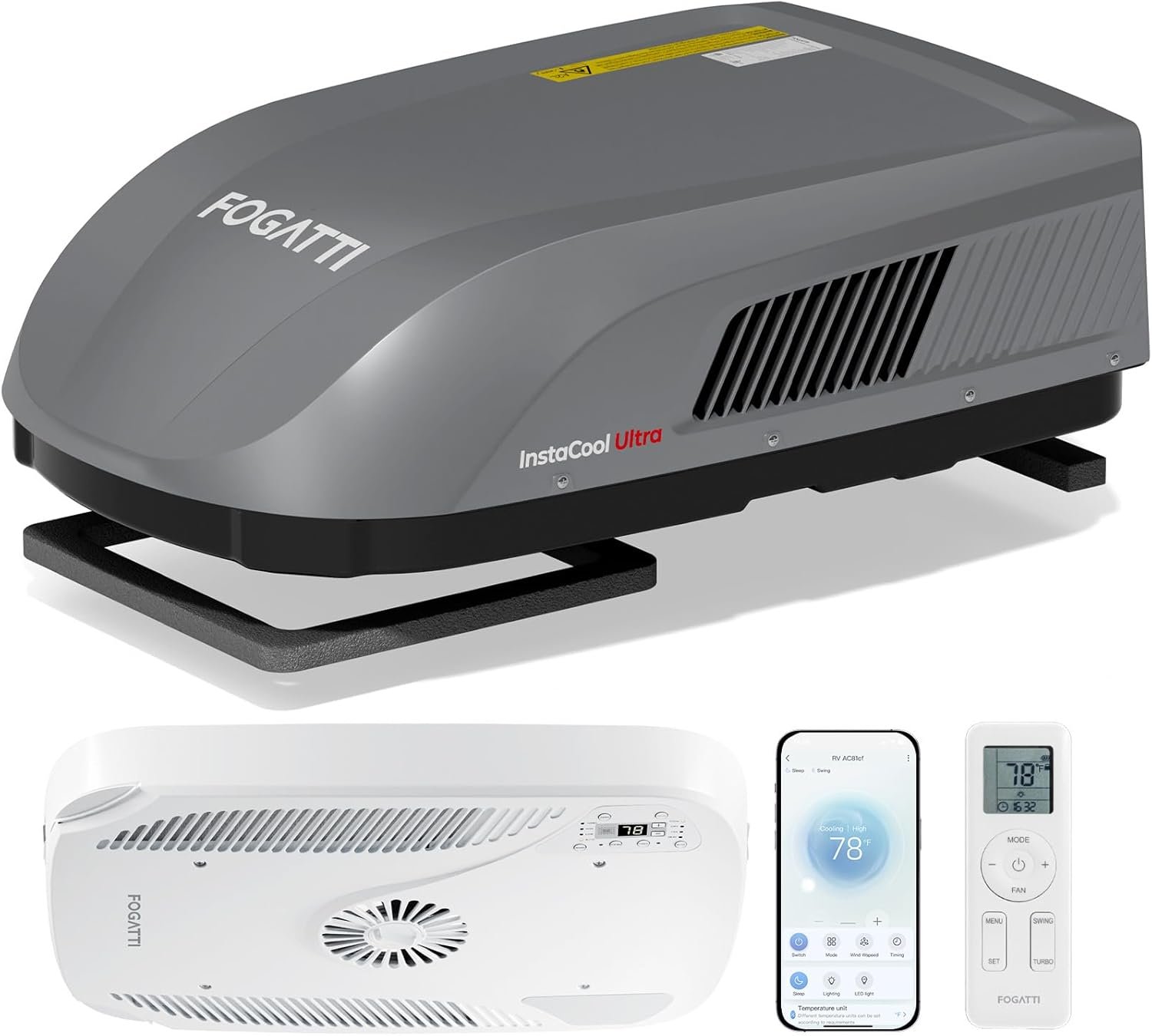 RV AC Unit FOGATTI 16K BTU with Heat Pump and Cooling Gray