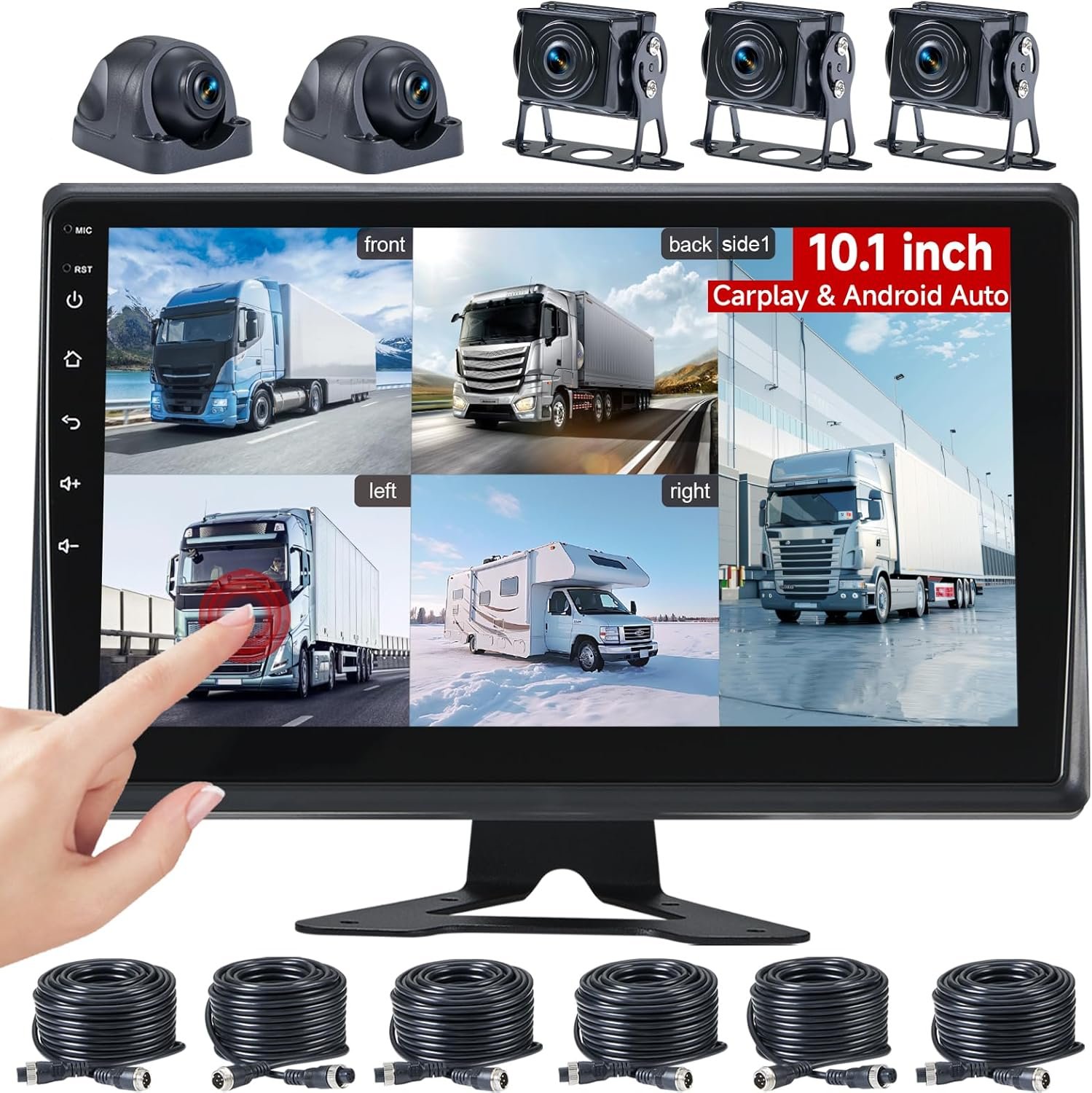 RV Backup Camera System with Carplay, Wired Security 1080P Cameras with 10.1 inch Android Auto 6 CH Touch Screen